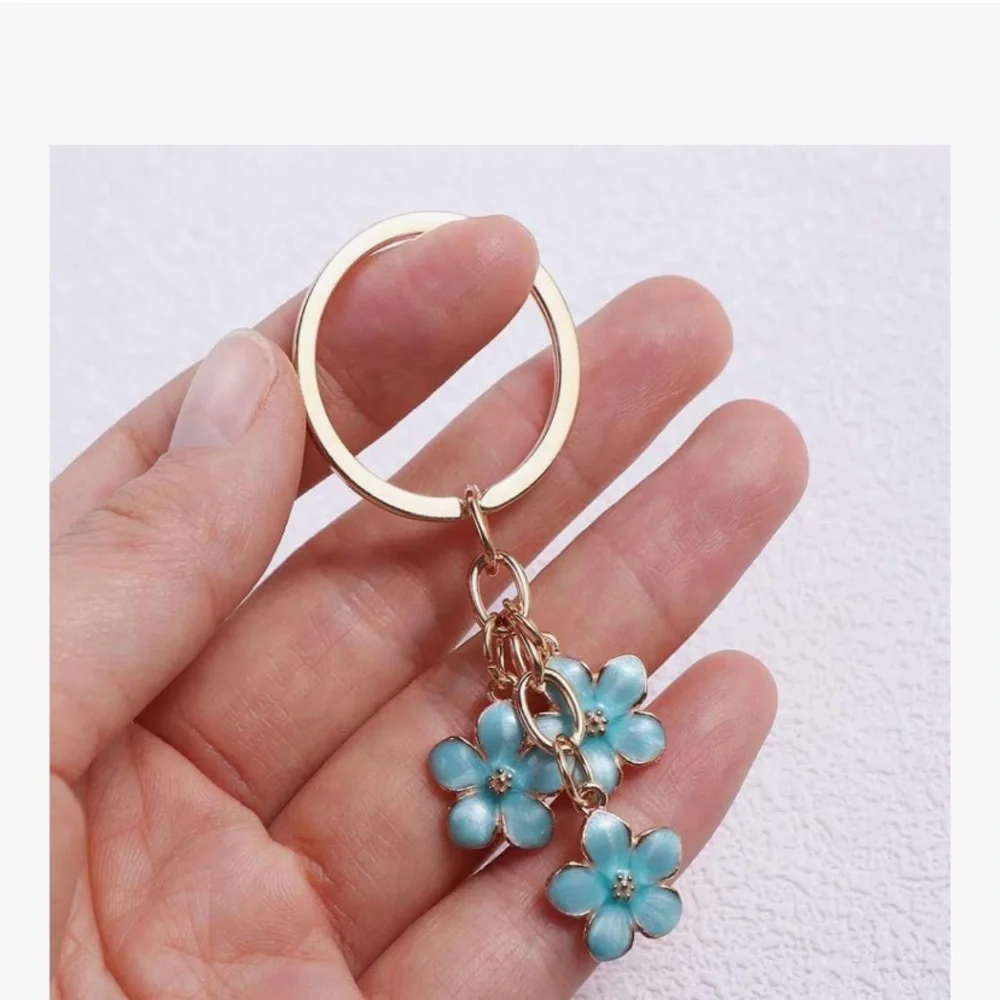 Bag Teal Enamel Keychain Charm Key Holder 3 Cherry Blossoms NIB Never Opened - Picture 7 of 8